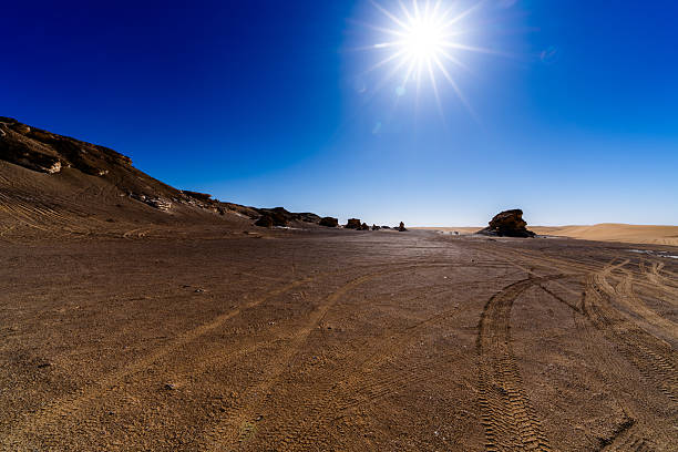 Wide desert plain with vehicle tracks under a bright sun in Egypt's White Desert near Farafra, illustrating scale, exposure, and human presence in arid terrain.