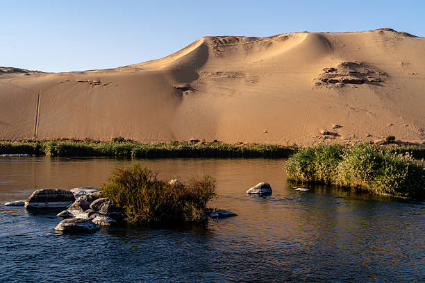 Golden desert dunes rising above the Nile River near Aswan, Egypt. Calm natural landscape showing contrast between water, vegetation, and arid environment.