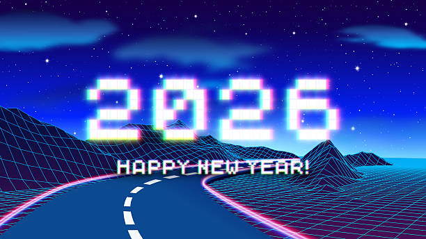 2026 New Year sign with glitched glowing pixels and road in 80s styled grid mountains. Winter holiday and year change symbol
