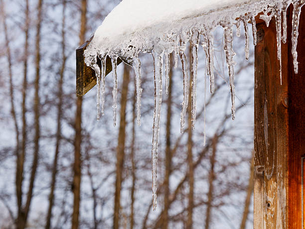 Clear icicles hanging from a snow covered wooden roof edge with blurred forest background. Winter season concept showing freezing temperatures, cold weather and seasonal atmosphere.