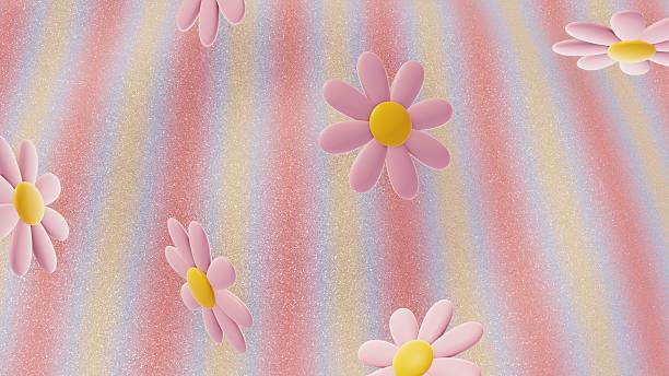 Horizontal 3D daisy flowers whimsical glitter spring wallpaper copyspace background, pastel floral cute minimal glossy texture in pink blue gold yellow, banner mockup for branding packaging
