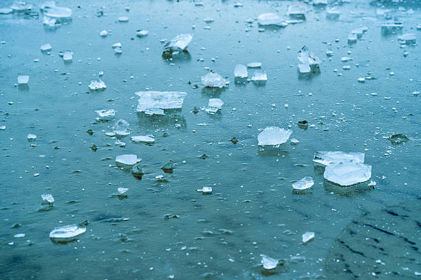 Ice formation along the edge of a frozen lake in close up