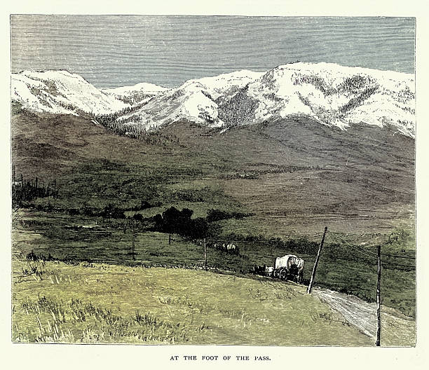 Wild West, Covered wagons heading towards a mountain pass, 1880s 19th Century Vintage illustration, The Led House Claim, Romance of the silver mines, Mary Hallock Foote