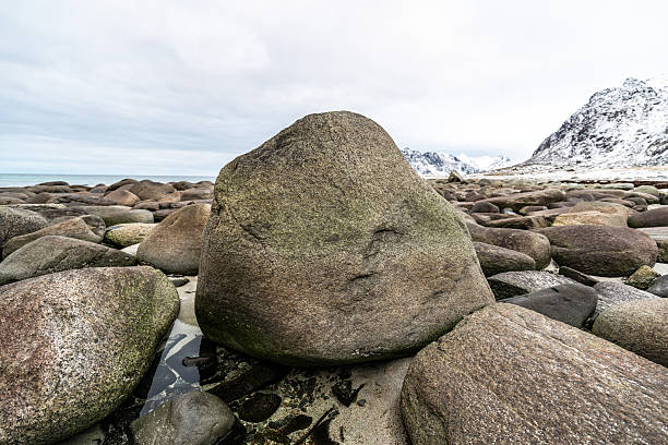 Nordic landscape showing rounded boulders on a sandy beach under a cloudy sky