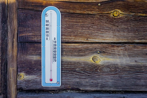 Thermometer on a wooden wall in winter