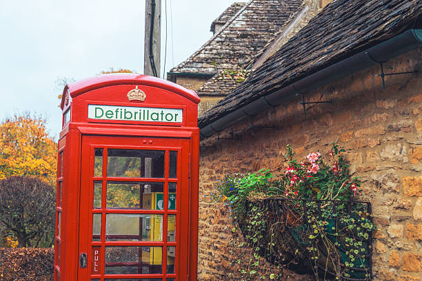 Iconic red phone box repurposed as a public access defibrillator in an autumn village scene