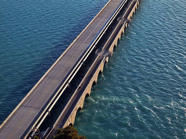 The beautiful Overseas Highway and the old aquaduct looking north east via an aerial drone image in the Florida Keys