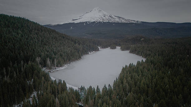 Mount Hood from Trillium Lake Drone Aerial View Evening