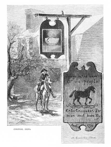 Colonial signs hang in a town as continental soldier rides horseback. Illustration published 1879. Original edition is from my own archives. Copyright has expired and is in Public Domain.