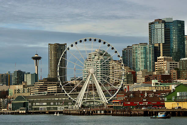 Seattle's iconic Big Wheel and Space Needle as seen f rom the water