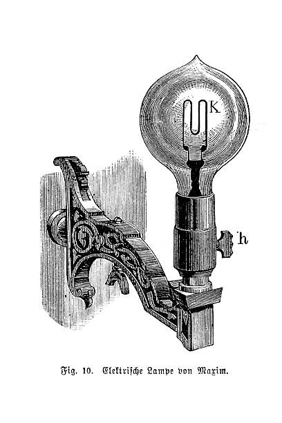 Historical woodcut illustration of an early incandescent light bulb by Maxim, featuring a distinct U-shaped filament and decorative bracket, isolated on white.