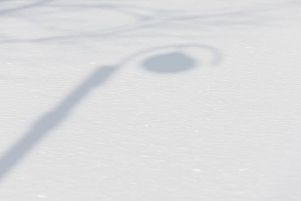 A clean expanse of fresh snow with a soft streetlight shadow creates a minimalist winter background with generous copy space.