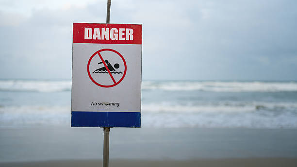 istock Danger, no swimming warning sign at beach place. 2261375559