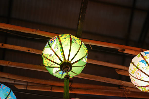 Chinese ceiling lamp at Buddha Tooth Relic temple and museum based on Tang dynasty architectural style in Singapore. Famous travel destination at Chinatown area.