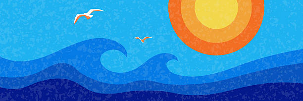 Retro Summer Ocean Wave with Sun and Seagulls. Vintage Grain Texture Sea Background with Copy Space for travel banners, beach posters and vacation marketing. Vector illustration