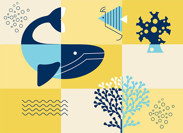 This flat vector illustration features a large stylized whale integrated into a structured geometric grid. Surrounding elements include coral branches, bubbles, wave patterns, and abstract marine textures. The composition blends organic ocean life with graphic modular blocks, using cool aquatic tones. The result is a contemporary marine visual suited for sustainability storytelling, educational content, and ocean awareness branding.