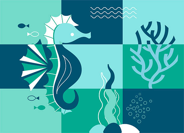 A decorative underwater illustration featuring a stylized seahorse as the central figure. The composition is divided into geometric blocks containing coral, seaweed, bubbles, and small fish icons. Clean vector lines and flat color surfaces in aqua and teal tones create a calm marine atmosphere. The artwork merges playful storytelling with structured design, making it suitable for ocean education and conservation messaging.