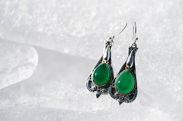 Green onyx earrings on the snow