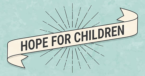 Hope for Children. Banner, ribbon, label in a trendy vintage style. Beautiful retro ribbon with old textured paper and sunbursts in the background. Colors used: green, blue, beige and black. The banner is beige with a black outline, the sunbursts and the text are black. The background is green-blue. Vector Illustration (EPS file, well layered and grouped). Easy to edit, manipulate, resize or colorize. Vector and Jpeg file of different sizes.