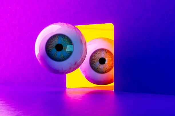 3D rendering symbolizing digital surveillance and cyber security. The visual features detailed human eyeballs floating in front of a glowing yellow rectangular portal, set against a cinematic purple and blue background. This composition represents 24/7 monitoring, data protection, and the \