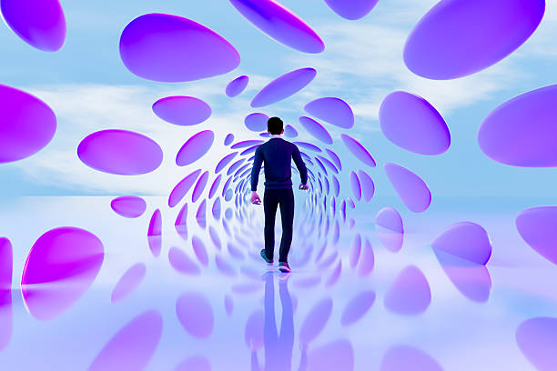 A stunning and surreal 3D rendering of a male figure walking into a bright, glowing portal within a purple Voronoi-structured tunnel.