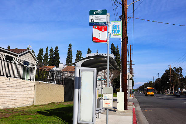 Carson, California – February 11, 2025: Bus Stop with Torrance Transit, Long Beach Transit, and Carson Circuit