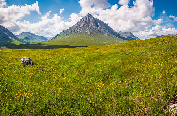 West Highland Way in Glen Coe beneath the iconic mountain pyramid of Buachaille Etive Mor in the Highlands of Scotland.