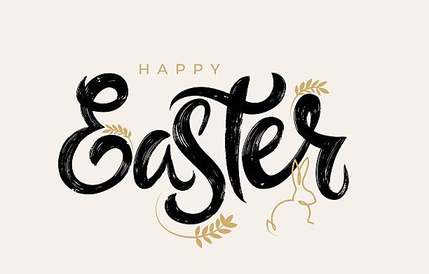 Happy Easter hand lettering in brush stroke calligraphy style isolated on white background. Elegant script typography vector illustration for holiday cards, posters, banners and festive spring designs