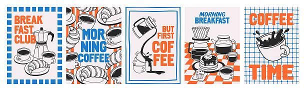 Hand drawn outline posters set of breakfast and coffee break. Doodle sketch illustrations with coffee cups, croissant, pancakes, coffeemaker. Vintage design for kitchen wall art, cafe menu, decoration
