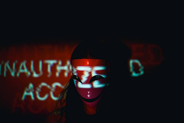 Person wearing an anonymous mask with Unauthorized Access projected on it, representing cybercrime