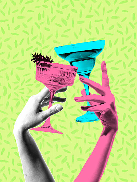 Playful composition with hands raising colorful cocktail glasses.