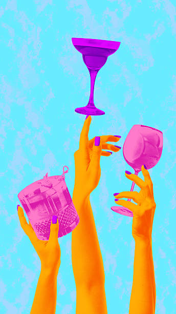 Bold composition of vibrant raised hands holding colorful cocktail glasses