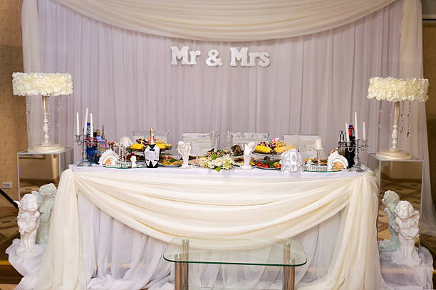 Elegant wedding reception table setting. A stunning wedding table with gourmet dishes, candles, and flowers sets a romantic mood.