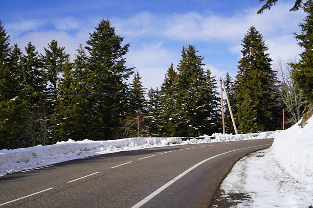 travel along a winding mountain road bordered by high snowbanks and dense evergreen forest. The asphalt is mostly clear, but thick snow covers the roadside and surrounding landscape, indicating recent winter snowfall. Tall pine trees rise along the slope, their dark green needles contrasting with the bright white snow. The sky appears partly cloudy, allowing soft daylight to illuminate the scene. The setting suggests a rural or alpine region during winter, where drivers navigate cold weather conditions on a maintained but snow-lined highway. The image conveys seasonal travel, transportation, and winter driving in a forested mountain environment.
