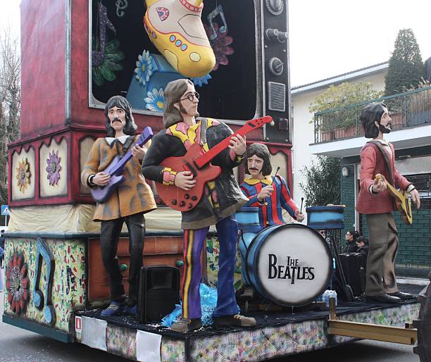 Crema Lombardy Italy. February 08, 2026. Italian carnival, first session street parade. This float is a tribute to The Beatles band and and their famous song Yellow Submarine.