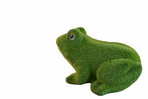 A green frog shaped toy rests on a smooth surface. The toy has a soft texture and is made to look like a real frog. It is seen in a well lit indoor area during the day.