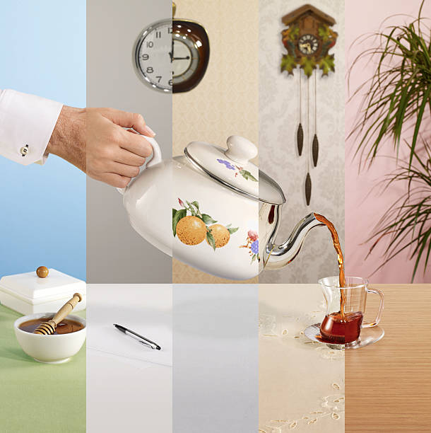 Conceptual collage image shows the same teapot pouring tea in different quadrants, each representing a distinct environment and occasion ranging from modern minimalist to cozy vintage interiors. This imaginative composition highlights the versatility of tea rituals across lifestyles, making it ideal for themes such as tea culture, daily routines, hospitality, and seasonal promotions. Square layout with divided panels and copy space suits magazine covers, social media campaigns, and advertising designs.