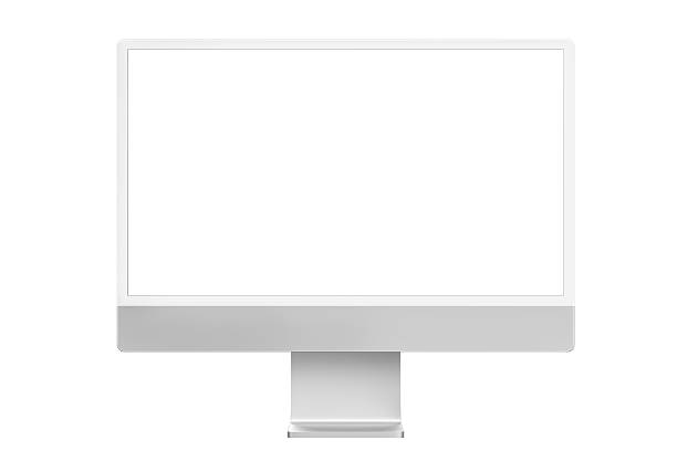 Modern desktop iMac monitor mockup and TV with blank white screen isolated on white background. Based on a high-quality studio shot, Professional computer screen template for UI presentation, Artificial intelligence, Data, PC Digital Display