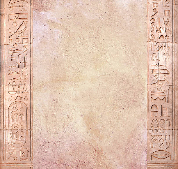 Vertical background with ancient Egyptian hieroglyphs on stone wall, Egypt, Africa. Backdrop with sandstone carving with hieroglyph. Mock up template. Copy space for text