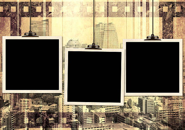 Grunge background with old paper texture, retro filmstrip frame and skyscrapers. Horizontal retro banner with film reel and urban scene. Vintage retro backdrop with paper texture and metropolis