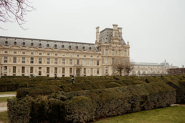 Paris, France – February 8, 2026: Exterior view of the Louvre Museum showcasing elegant classical architecture and landscaped gardens.