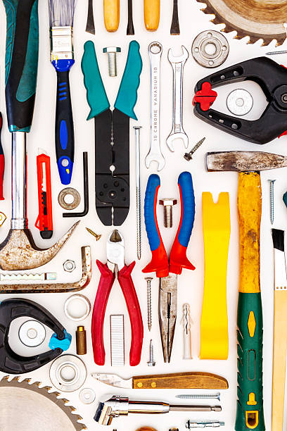 istock Flat lay of new and used hand tools on white background. 2261479256