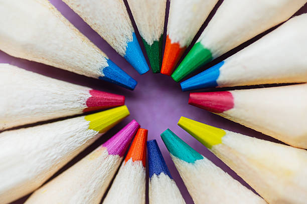 Extreme close-up image showing a circle of colored pencils viewed from above, ideal for art, creativity and back-to-school concepts.