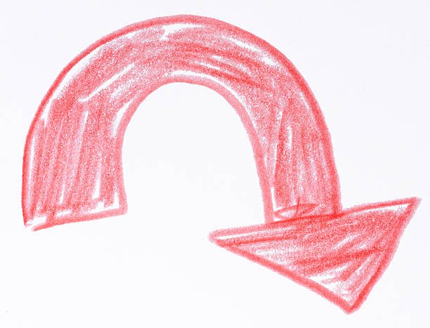 A curved arrow pointing downwards is drawn with a red pencil using dense shading. White background