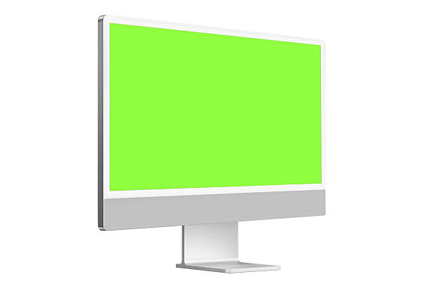 Modern desktop iMac monitor mockup and TV with green chroma key screen in three-quarters isolated on white background. Based on a high-quality studio shot, a professional computer screen template for UI presentation, Artificial intelligence, Data, PC Digital Display