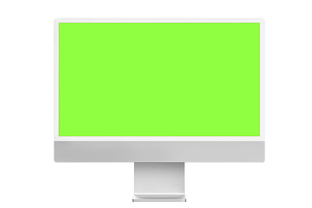 Modern desktop iMac monitor mockup and PC with green chroma key screen isolated on white background. Based on a high-quality studio shot, a professional computer screen template for UI presentation, Artificial intelligence, Data, PC Digital Display