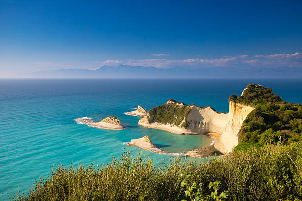 A view of Cape Drastis, with its unusual rock formations, on the Greek island of Corfu