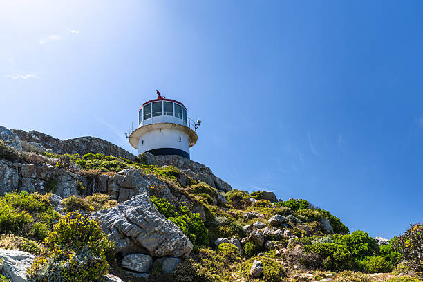 Detail close up view of Cape Agulhas Lighthouse. The lighthouse is located at the southernmost point of Africa and at the same time lies at 20 degrees east latitude. Popular tourist destination.