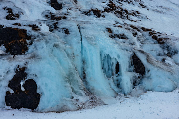 Pure glacial ice featuring striking blue colors, forming intricate frozen patterns on a rugged rock face within the arctic landscape of Iceland during winter