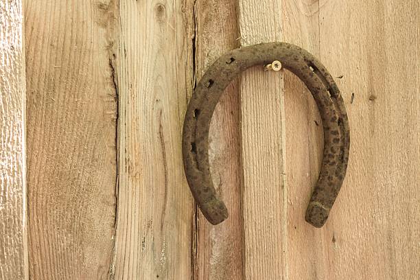An old horseshoe hangs on a roughly textured wall of a barn.